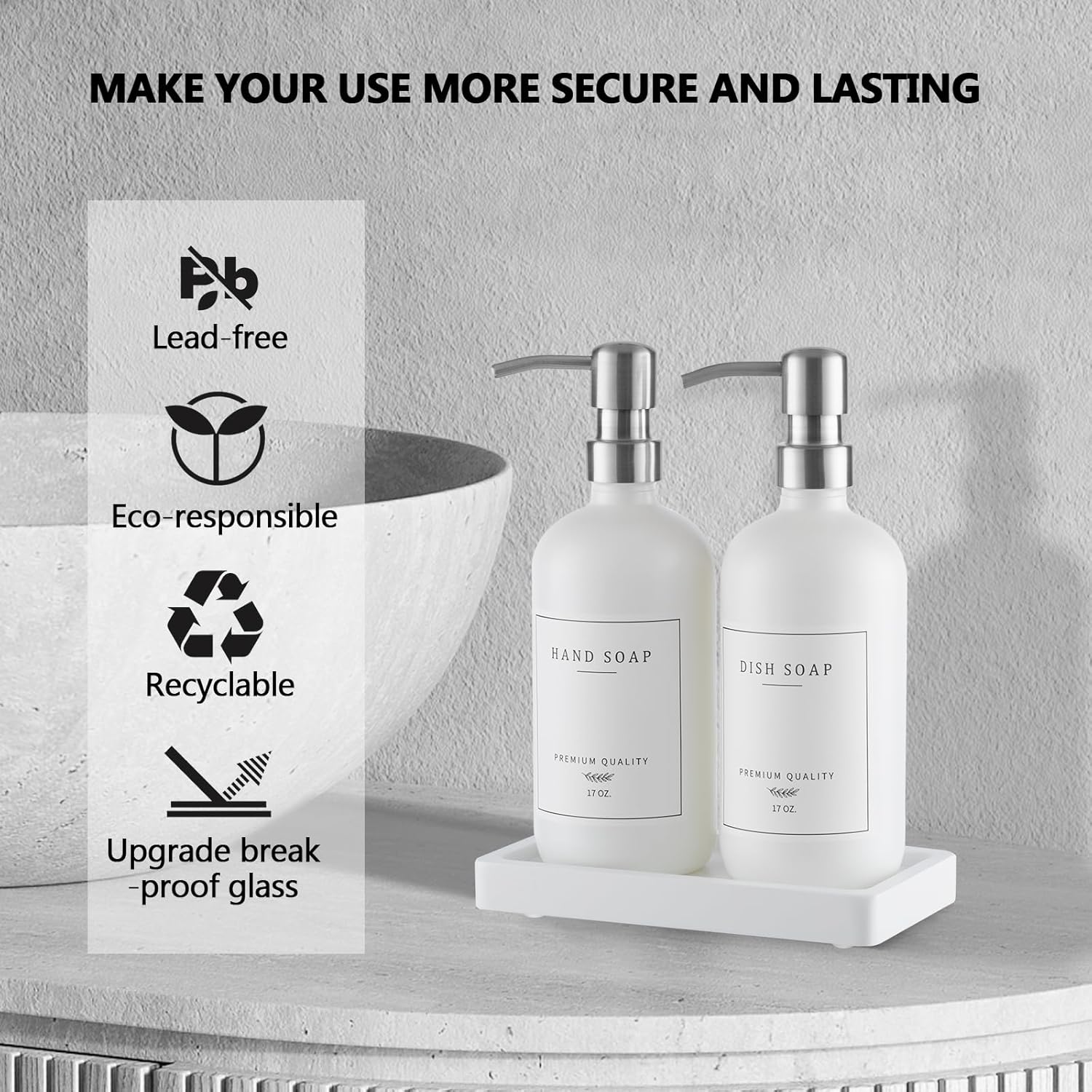 Thick Glass Soap Dispenser - Kitchen Dish Hand Soap Dispenser Set, Rustproof Pump Soap Lotion