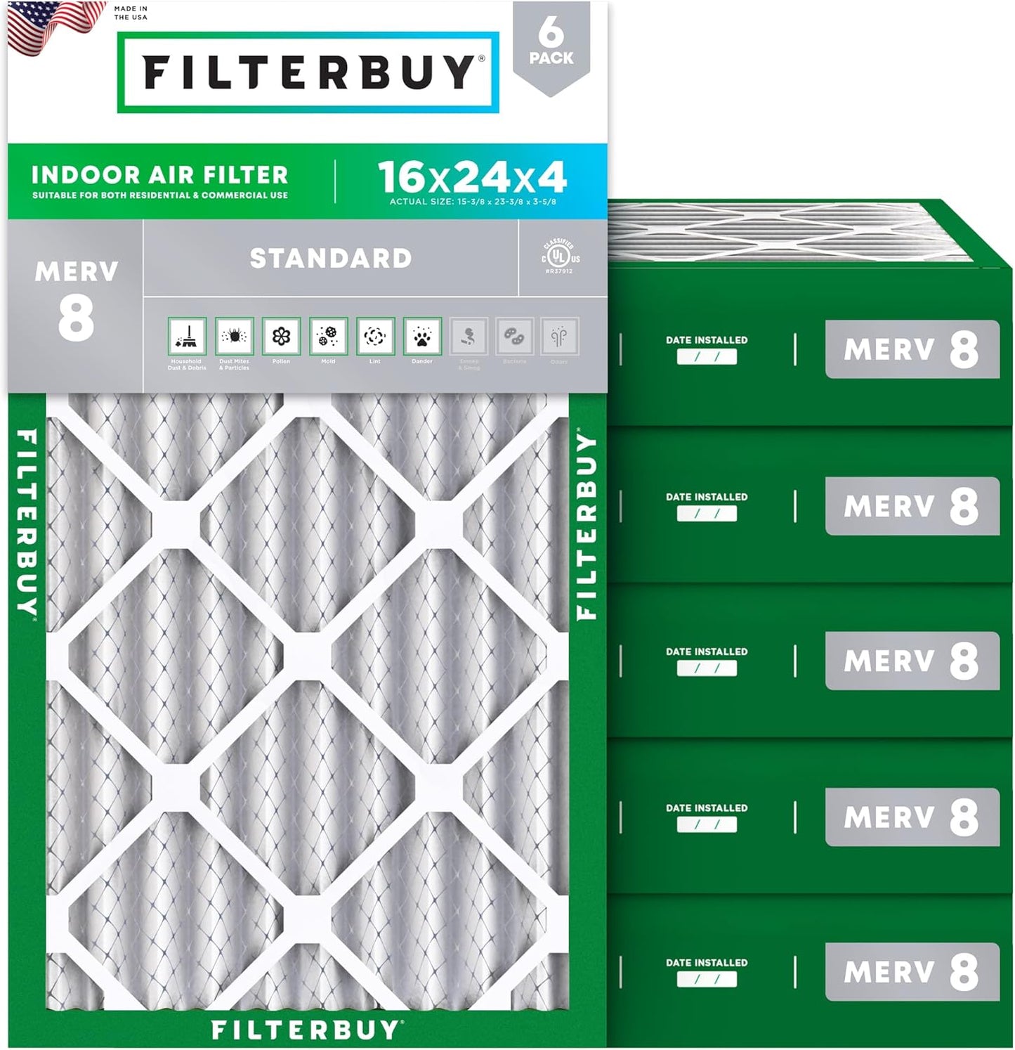 Filterbuy 16x24x4 Air Filter MERV 8 (MPR 700) Dust Defense Replacement (6-Pack), Electrostatic