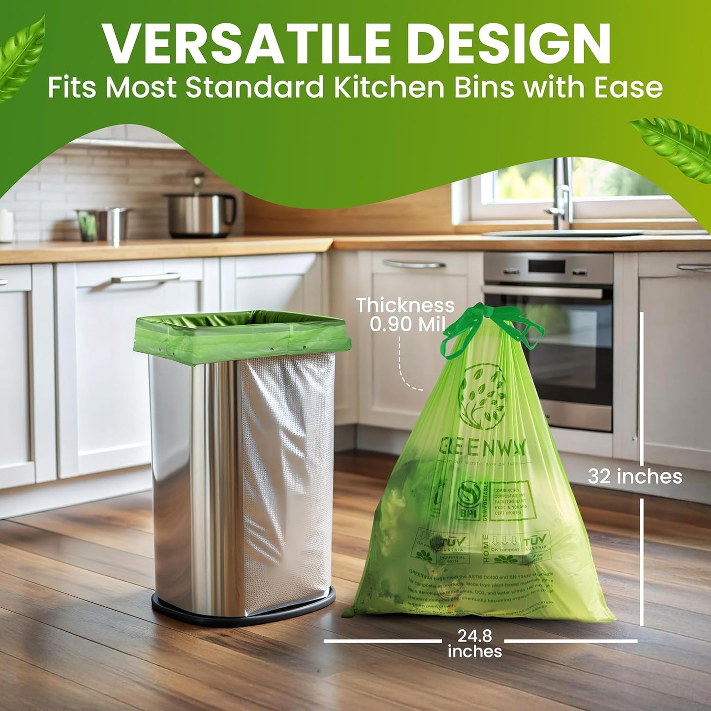 GREENWAY 13 Gallon Compostable Trash Bags Drawstring, 50 Bags, Heavy Duty Extra Thick 0.90 Mil