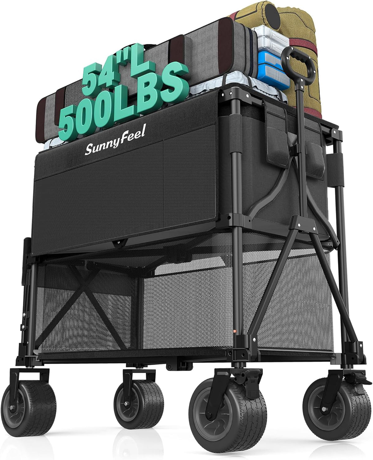 SUNNYFEEL Double Decker Wagon, Collapsible Outdoor Utility Wagon Cart 500LB Capacity Adjustable