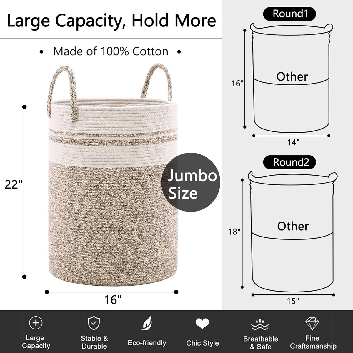 YOUDENOVA Woven Rope Laundry Hamper Basket, 72L Tall Luandry Basket, Baby Nursery Hamper for