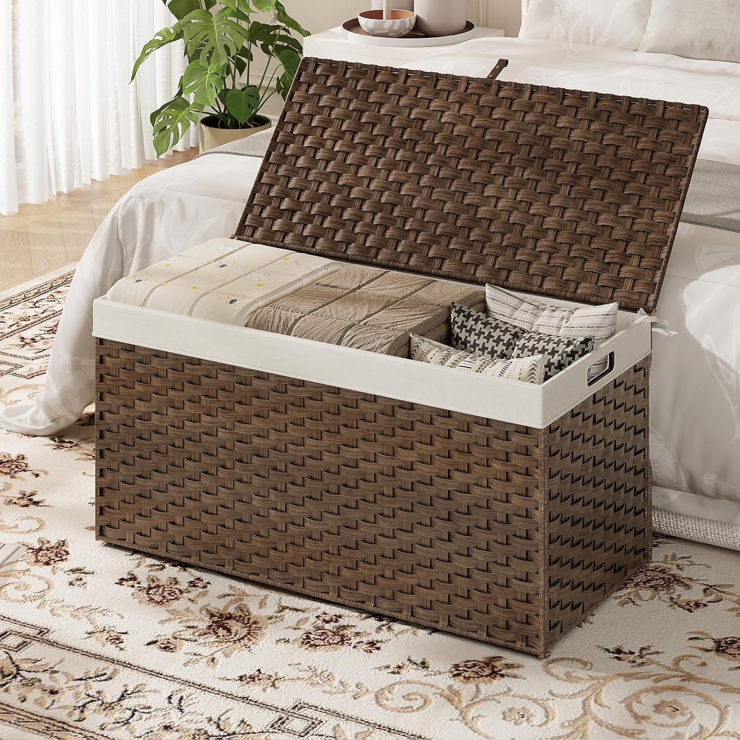 HOOBRO Storage Basket with Lid, 52.8 Gallon (200L) Wicker Basket, Handwoven Blanket Storage Basket