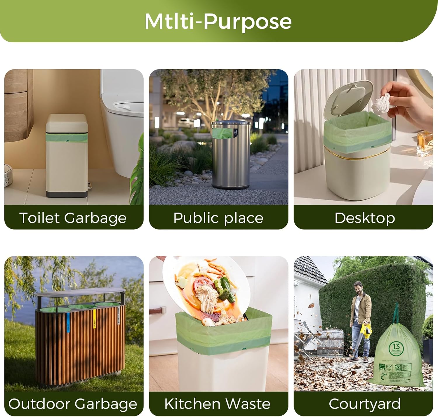 13 Gallon Compostable Trash Bags with Drawstring, Heavy Duty Extra Thick 1 Mil, 49.21 Liter, 30