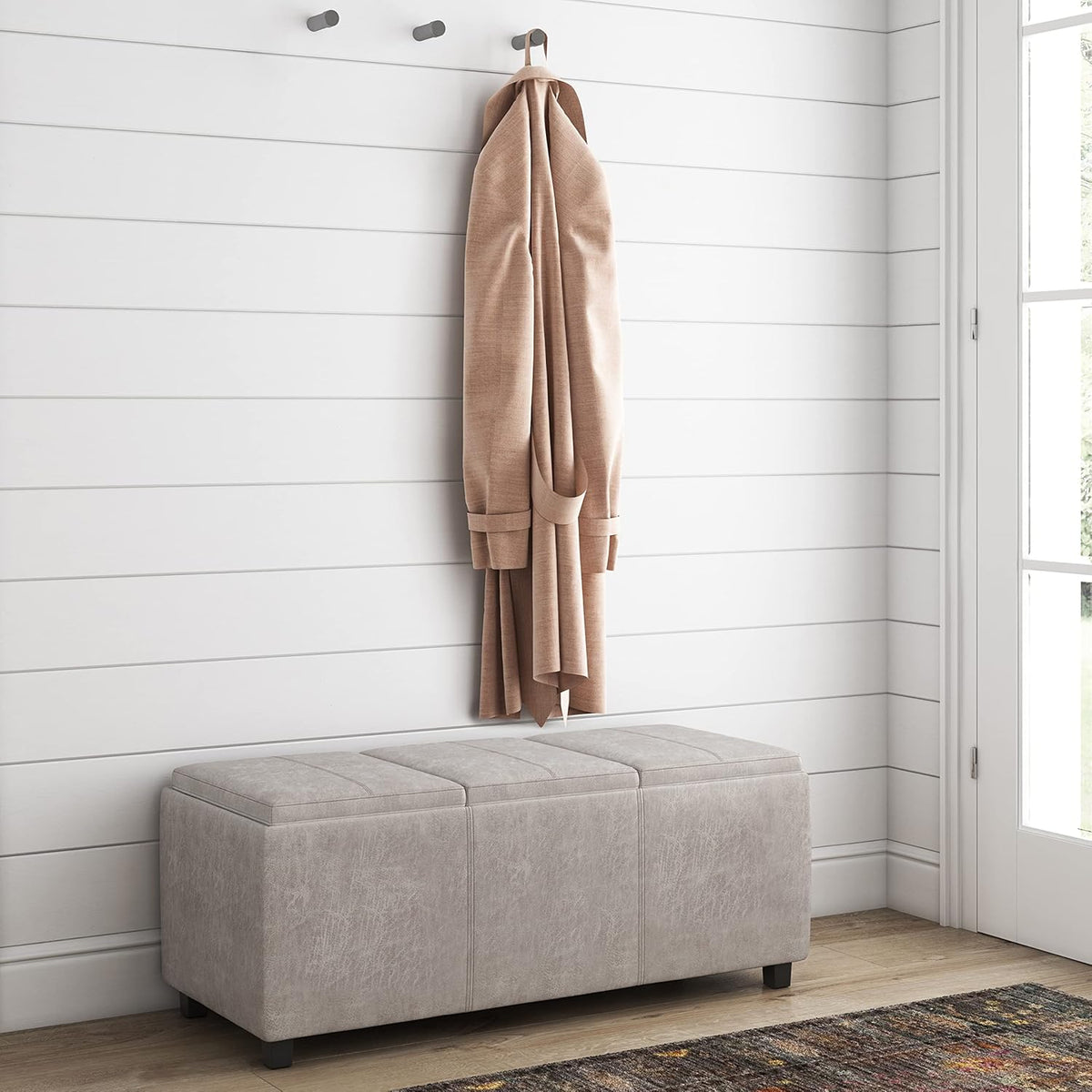 SIMPLIHOME Avalon 42 inch Wide Contemporary Rectangle Storage Ottoman in Distressed Grey Taupe