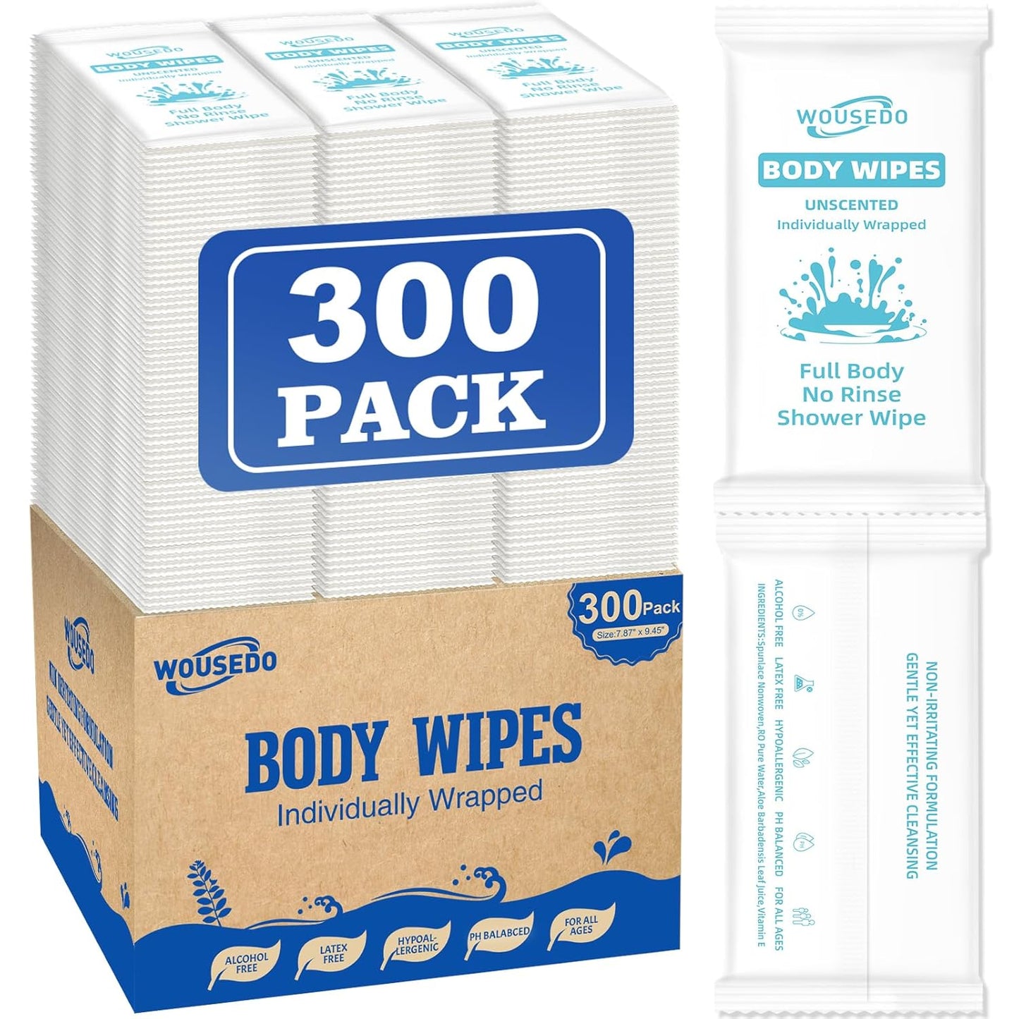 300 Pcs Ultra Thick Soft Large Body Wipes Individually Wrapped(7.87" x 9.45"),Shower Wipes for