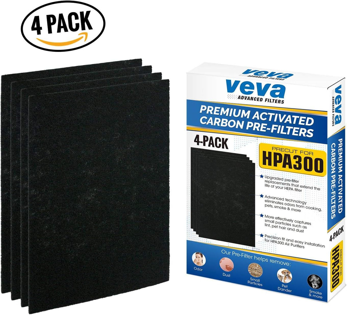 VEVA Precut for HPA300 Premium Carbon Activated Pre Filters 4 Pack Compatible with HW Air Purifier.