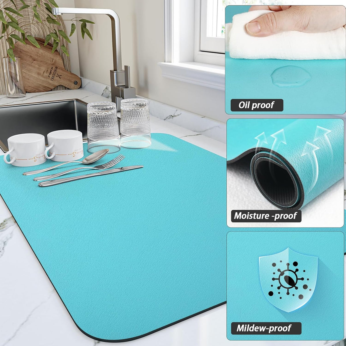 Dish Drying Mat for Kitchen Counter, Heat Resistant Drainer Mats with Non-slip Rubber Backed, Hide