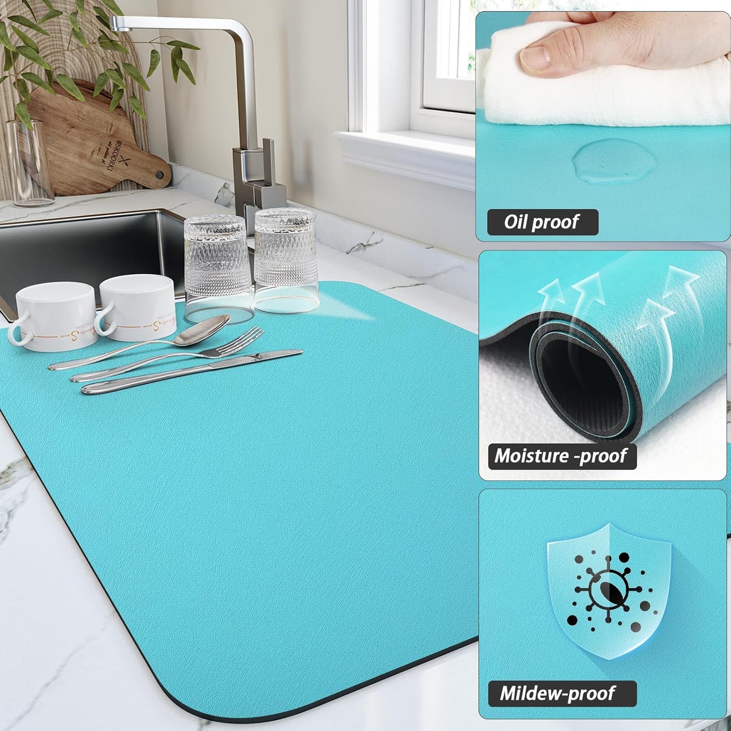 Dish Drying Mat for Kitchen Counter, Heat Resistant Drainer Mats with Non-slip Rubber Backed, Hide