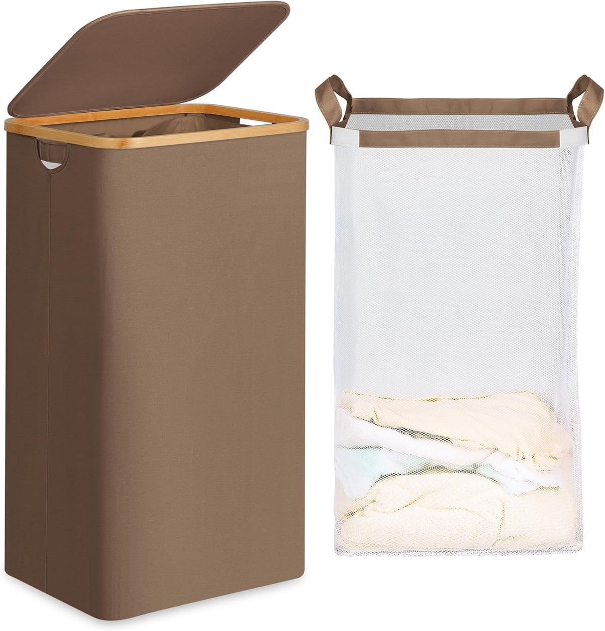 26 Gal Laundry Basket with Lid and Net Bag, Tall Laundry Hamper with Bamboo Handles, Aesthetic