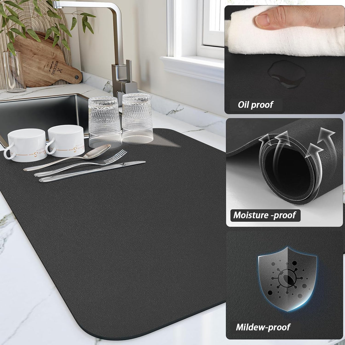Dish Drying Mat for Kitchen Counter, Heat Resistant Drainer Mats with Non-slip Rubber Backed, Hide