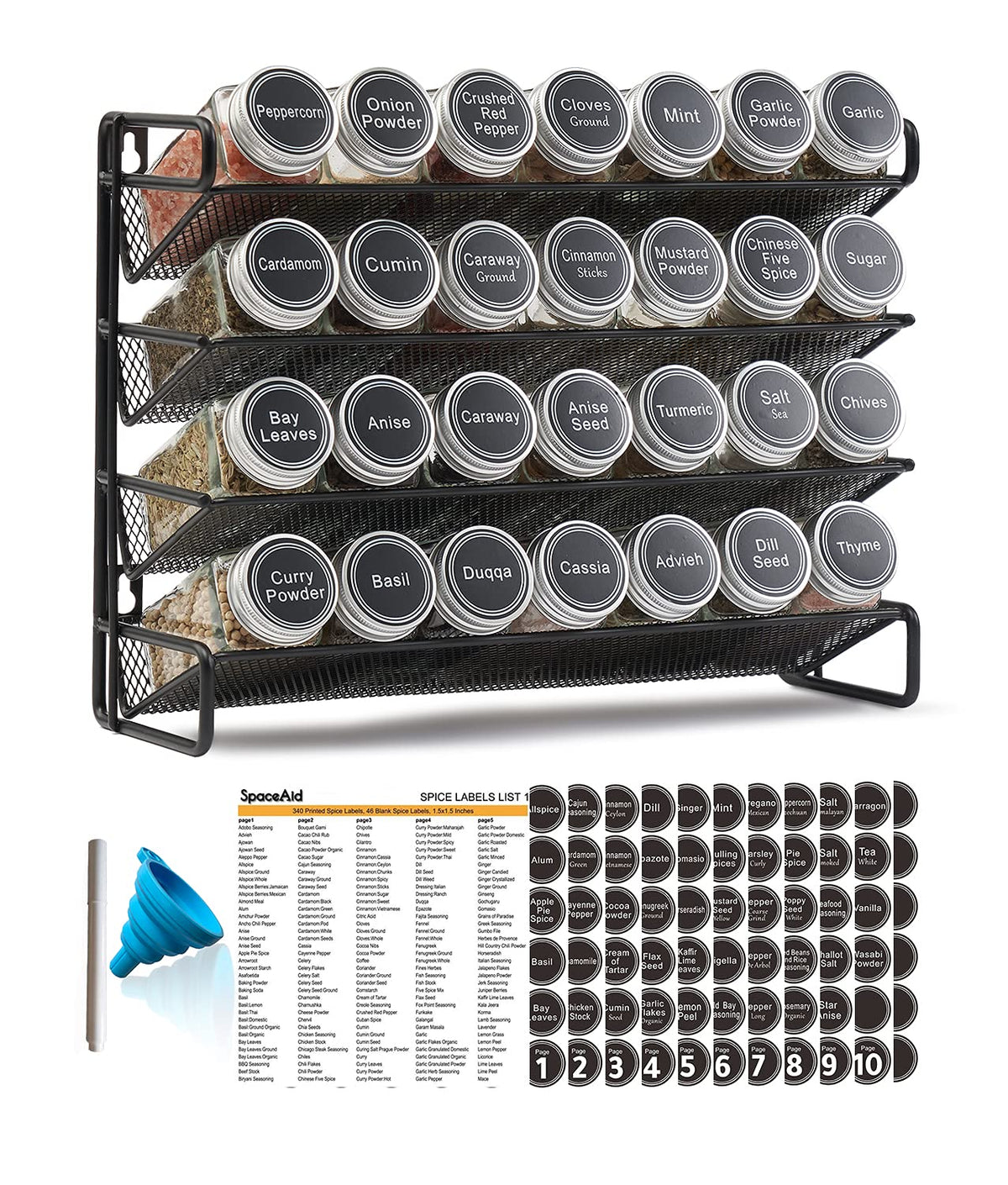 SpaceAid Spice Rack Organizer with 28 Spice Jars, 386 Spice Labels, Chalk Marker and Funnel Set for