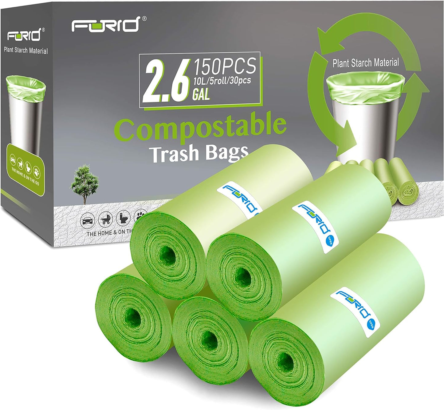 FORID 2.6 Gallon Compostable Garbage Bags, 150 Count, 5 Rolls – Green, Small, Durable, Thick