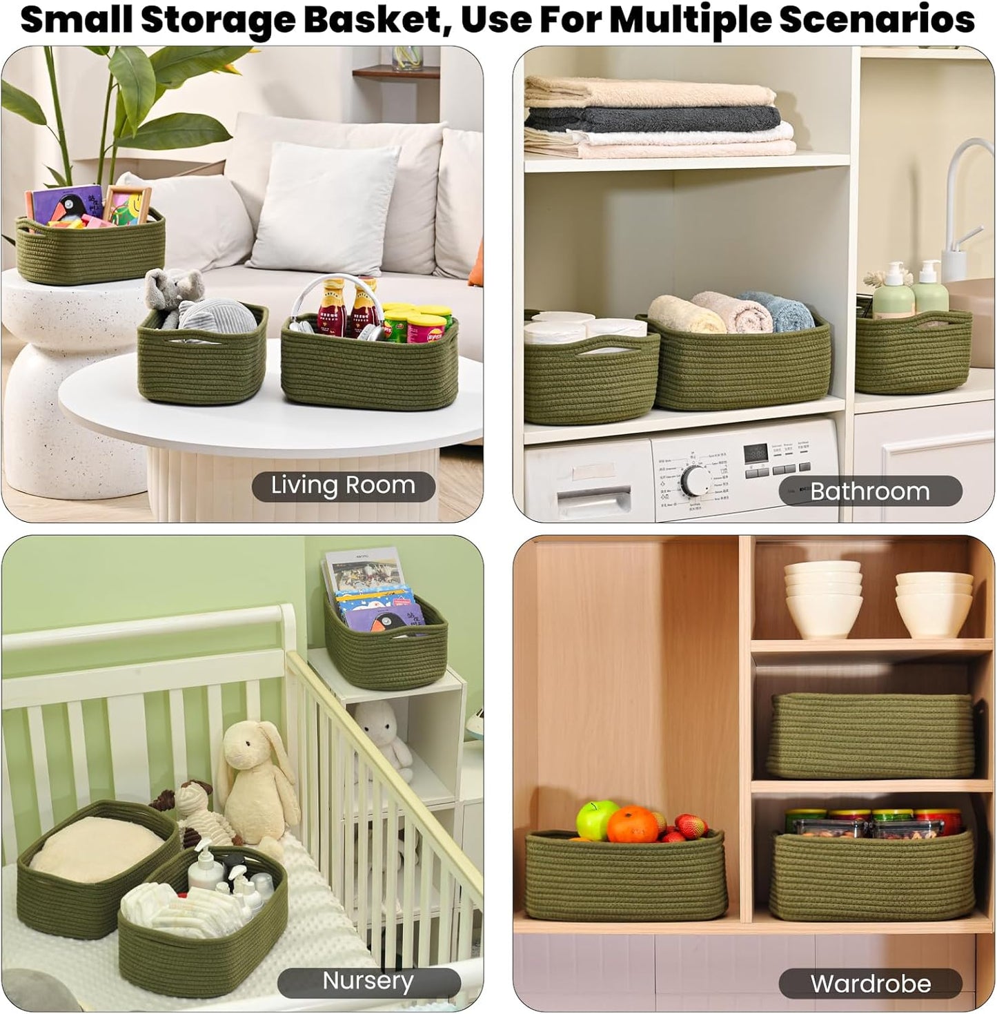 Small Green Storage Baskets for Organizing Shelves, Cute Woven Baskets for Storage, Organizer