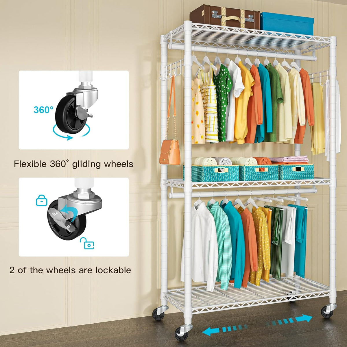 FUTASSI P1 Heavy Duty Garment Rack, 3 Tiers Adjustable Rolling Metal Closet Organizer with Lockable