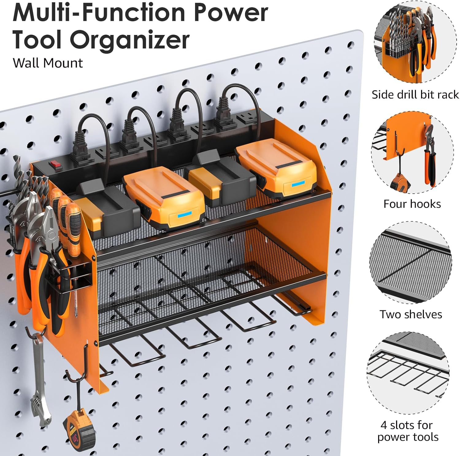 CCCEI Modular Power Tool Organizer Wall Mount with Charging Station. Garage 4 Drill Storage Shelf