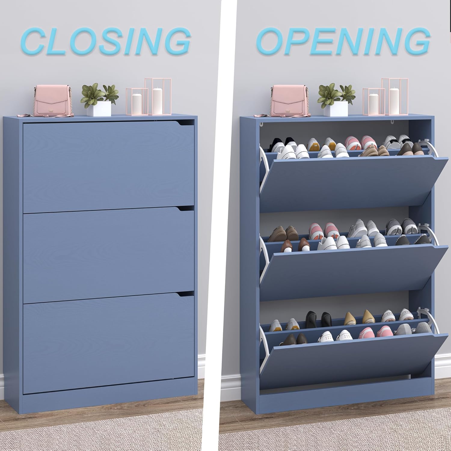 Shoe Cabinet with 3 Flip Drawers, Hidden Wood Shoe Cabinet,Freestanding Shoe Storage Cabinet for
