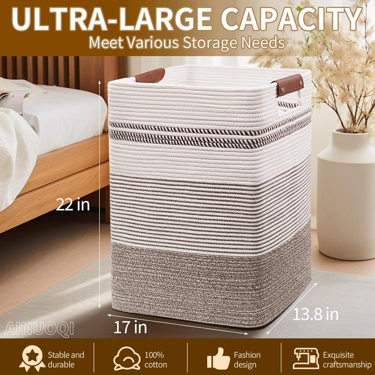 Laundry Hamper - Tall Woven Rope Laundry Basket - Clothes hamper with Leather Handles, 17.8" X