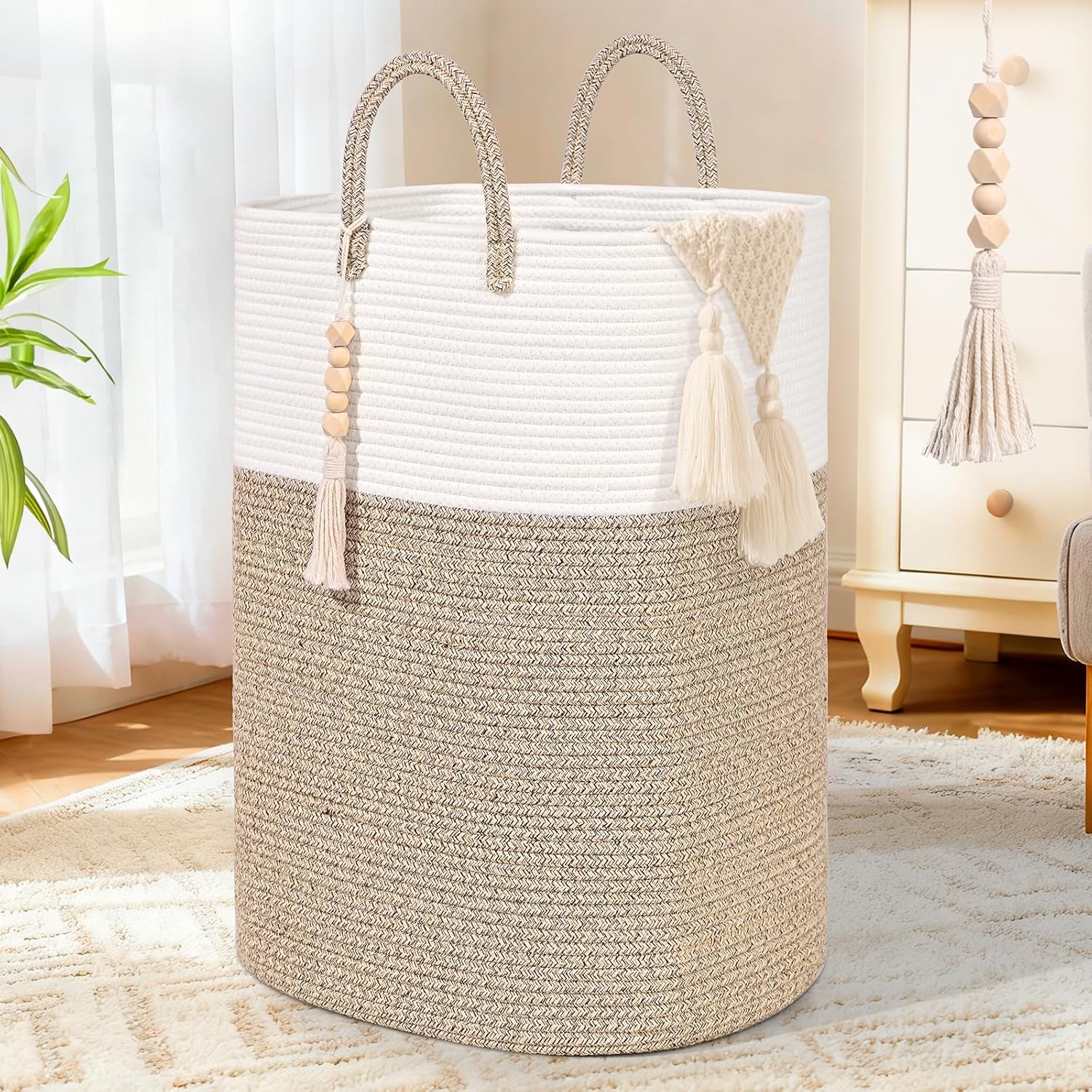 Woven Laundry Basket for Clothes, 50L Large Rectangle Laundry Hampers with Beads Tassel, Nursery