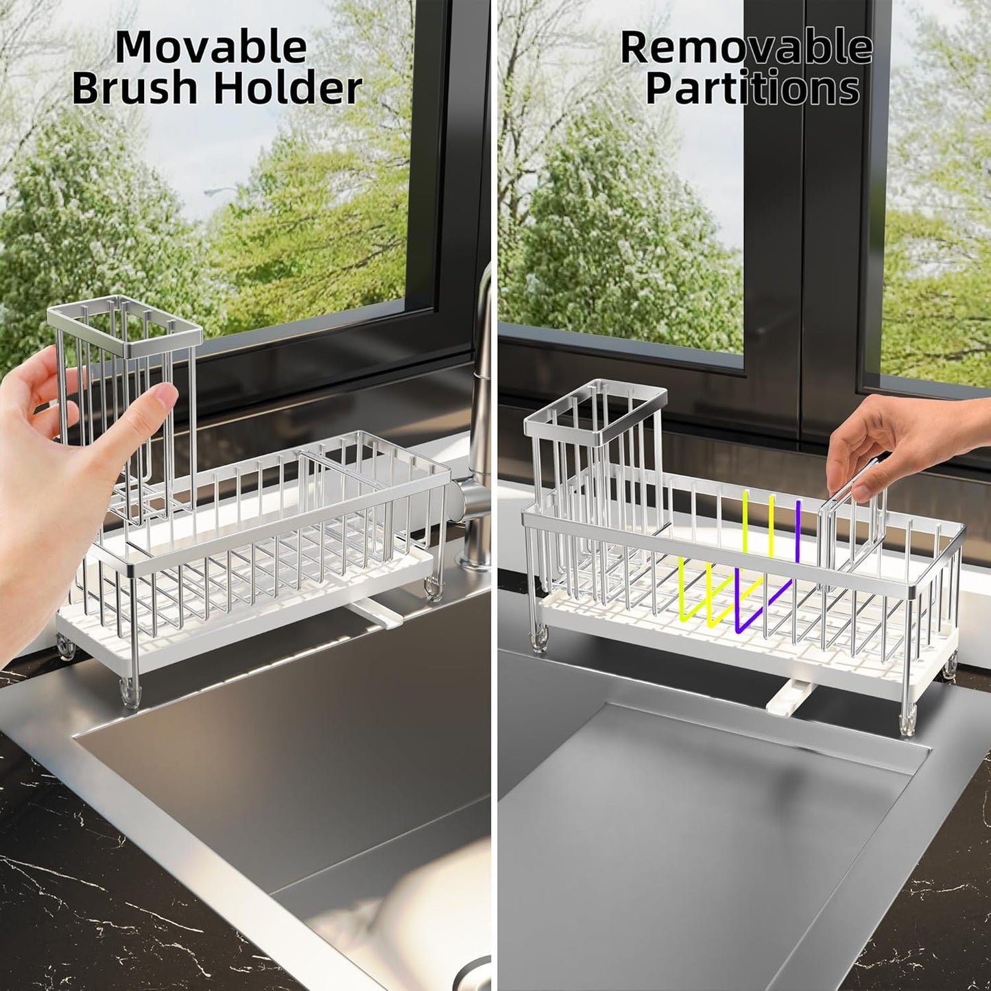 Moforoco Larger Version Sponge Holder for Kitchen Sink, Sink Caddy with High Brush Holder, Kitchen