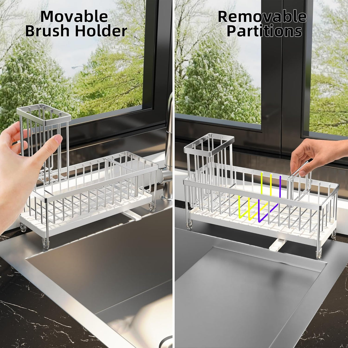 Moforoco Larger Version Sponge Holder for Kitchen Sink, Sink Caddy with High Brush Holder, Kitchen