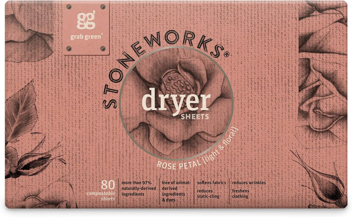 Grab Green Stoneworks Laundry Detergent Pods and Dryer Sheet Bundle (Rose Petal, 80 Count (Pack of
