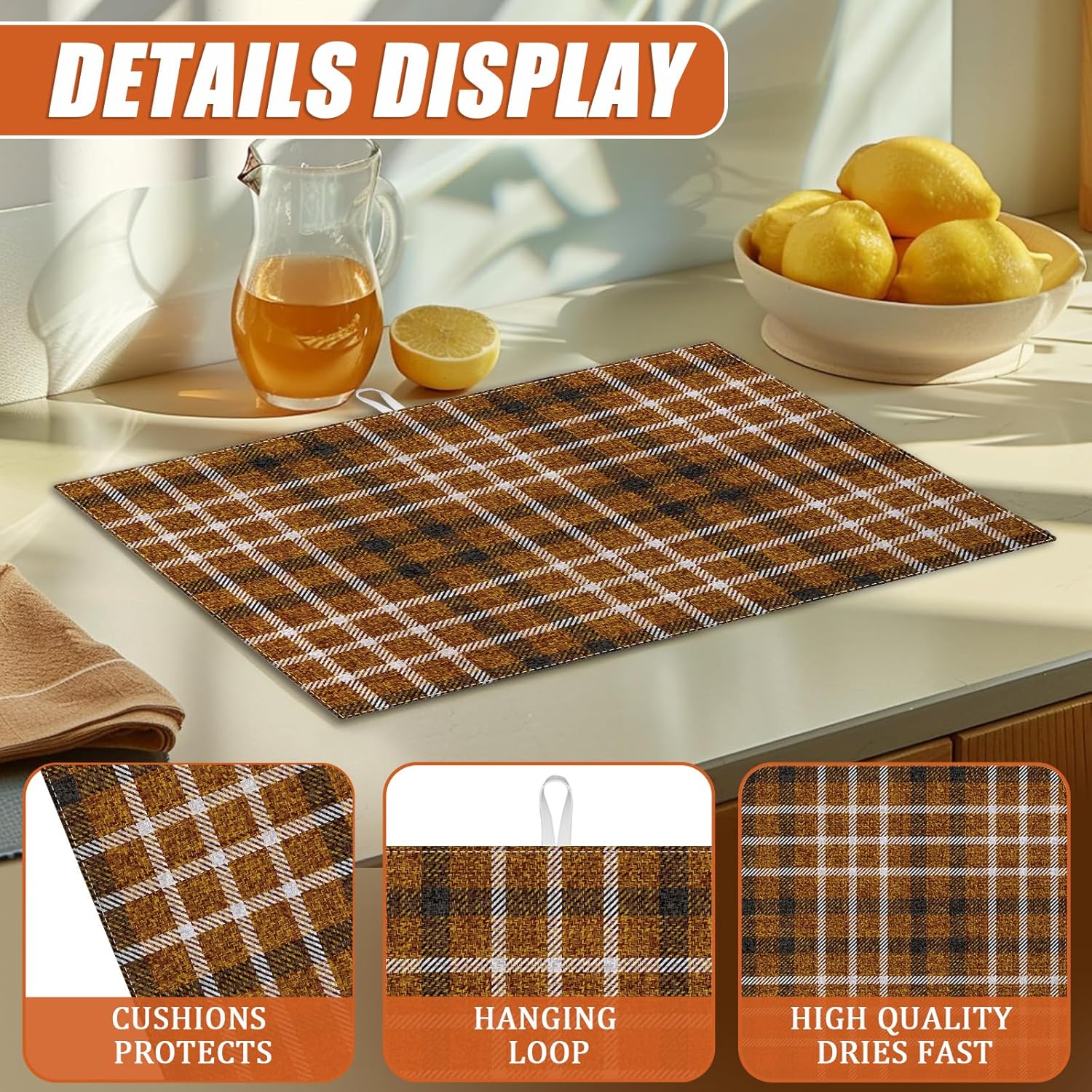 Brown Plaid Dish Drying Mat for Kitchen Counter Microfiber Absorbent Dish Kitchen Drying Mat