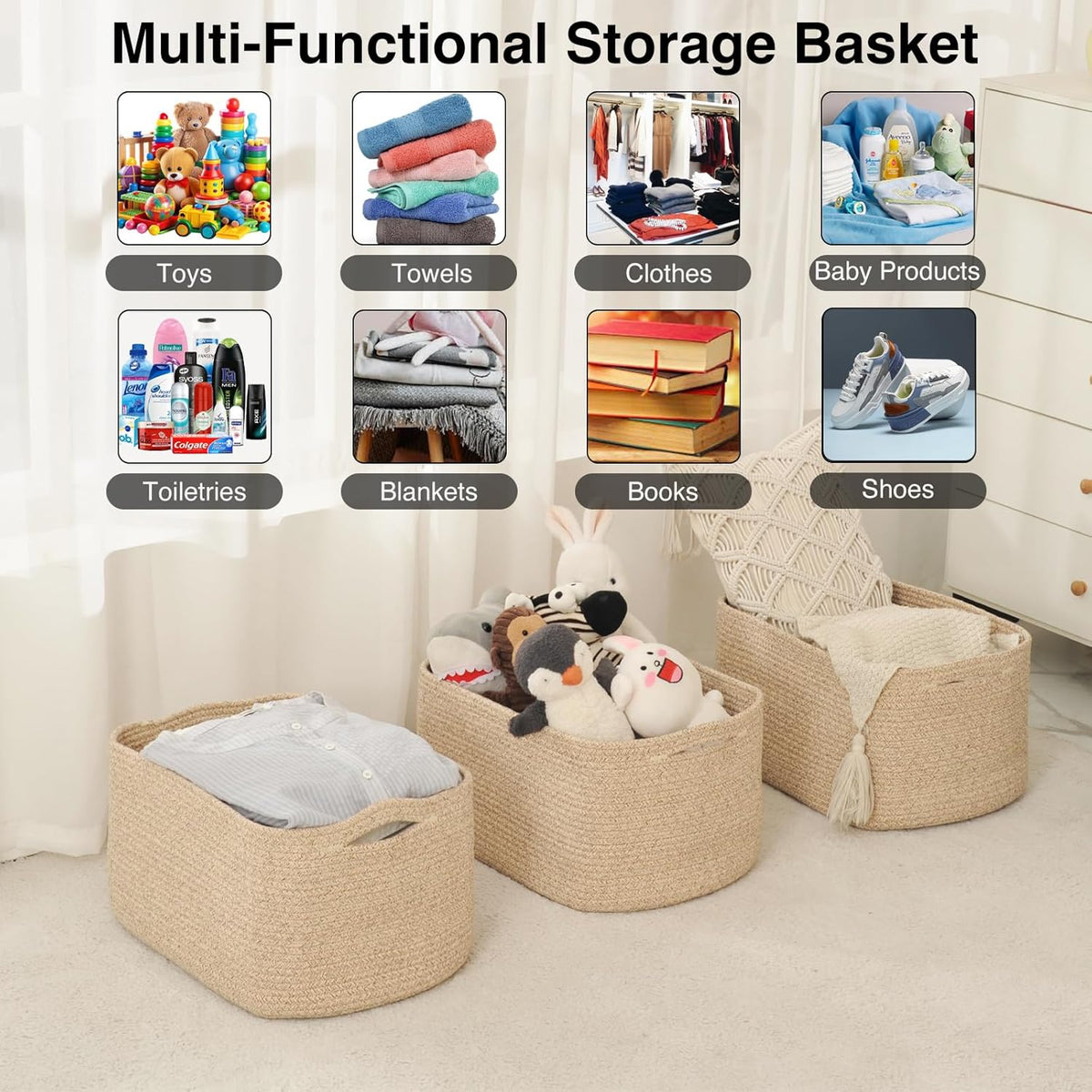 Large Storage Baskets for Organizing Shelves, Woven Cotton Rope Bins for Baby Nursery Organization