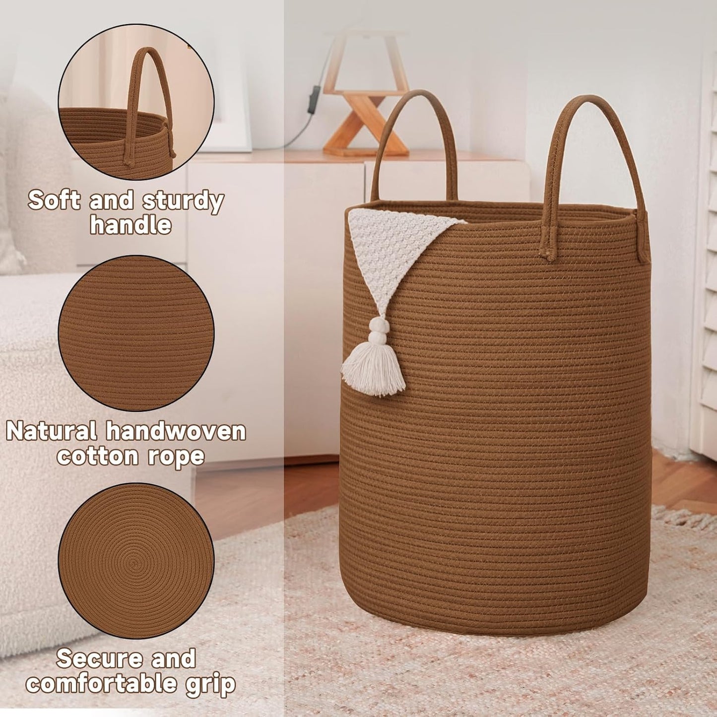 Large Woven Laundry Basket Hamper,60L Cotton Rope Storage Bin for Blankets,Toys and