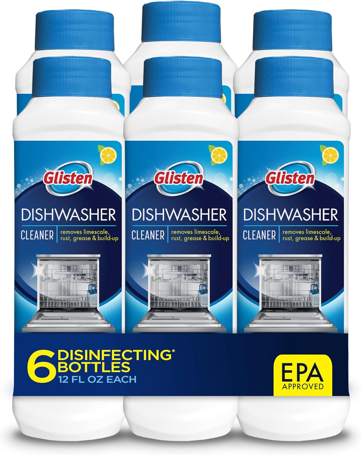 Glisten Dishwasher Cleaner, Removes Limescale, Rust, Buildup, and Grease, Lemon Scent, 12 Ounce