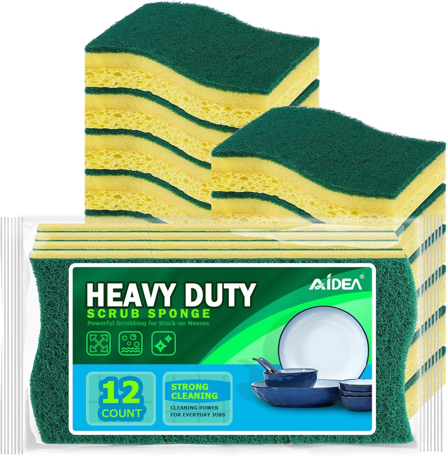 AIDEA Heavy-Duty Scrub Sponges, 12Count, Sponge for Non-Coated Cookware, Kitchen Sponges for