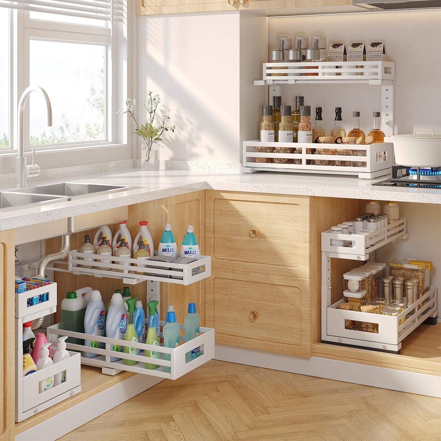 2-Pack 17"Deep Under Sink Organizer And Storage, 2-Tier L-Shaped Pull Out Cabinet Organizer with