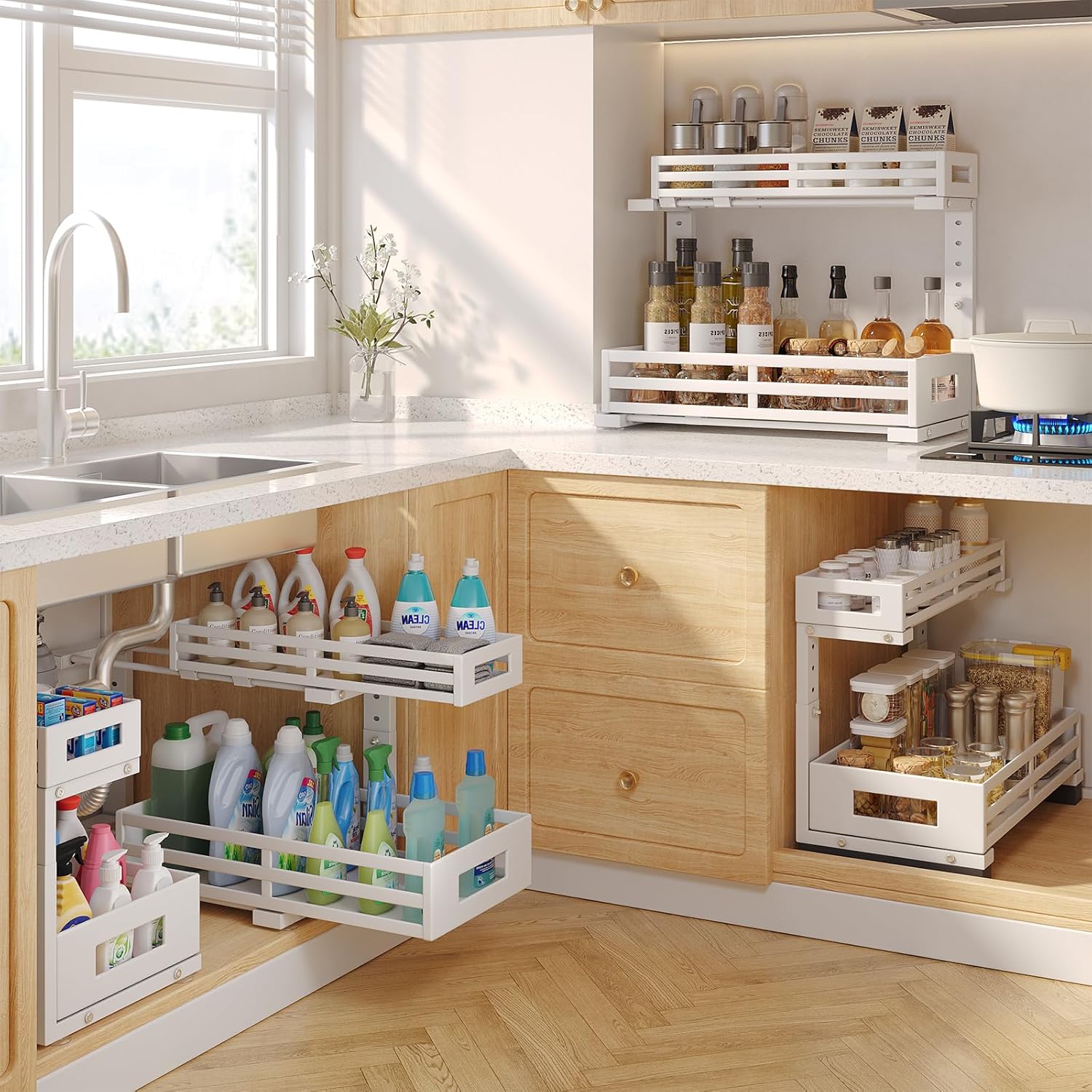 2-Pack 17"Deep Under Sink Organizer And Storage, 2-Tier L-Shaped Pull Out Cabinet Organizer with