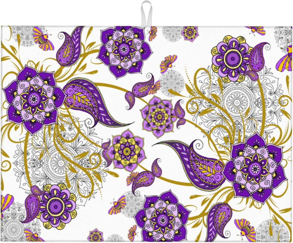 Purple Flower Kitchen Drying Mat Boho Floral Microfiber Dish Drainer Mat for Kitchen Counter