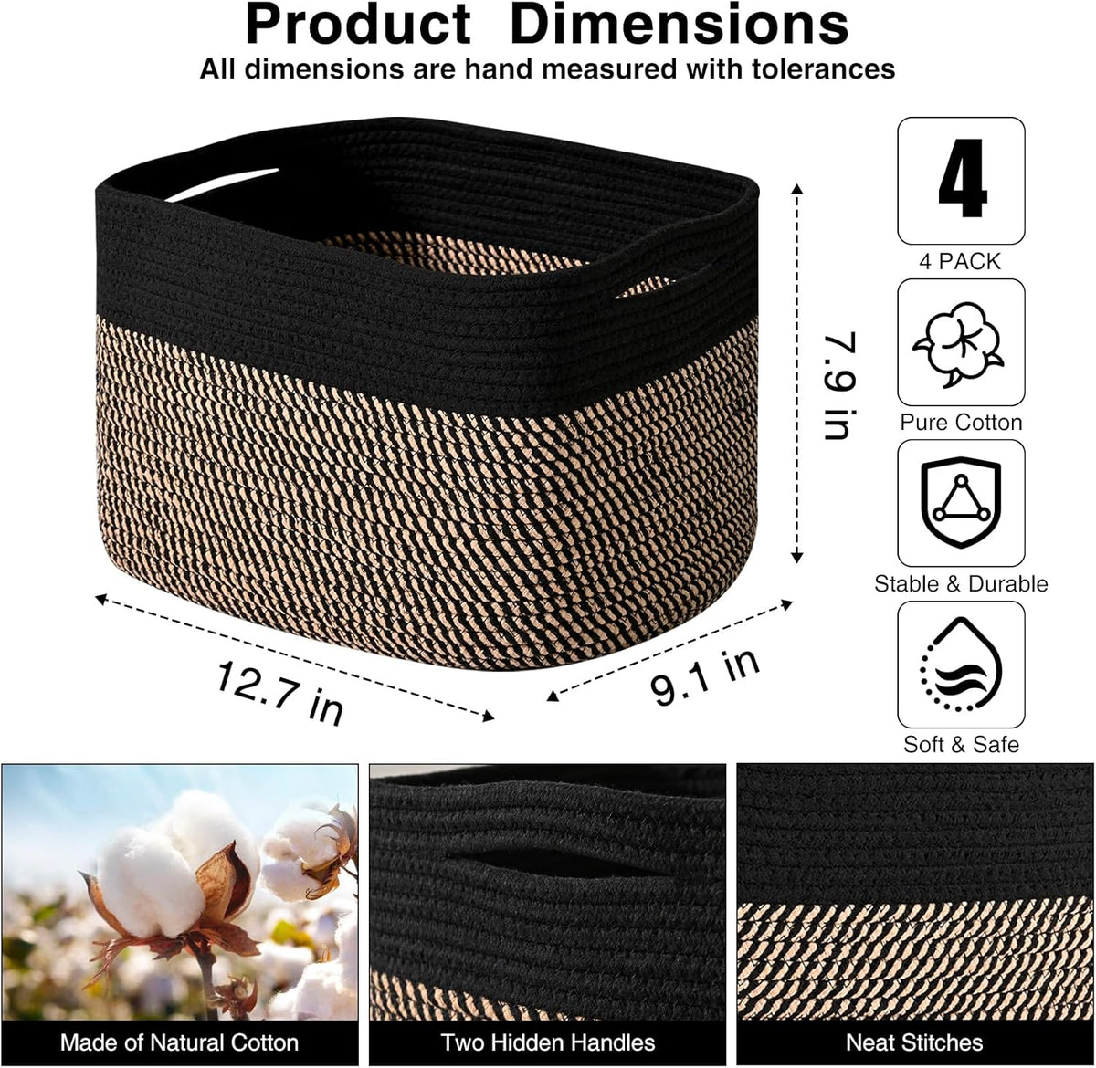 Small Storage Baskets for Organizing Shelves, Cotton Rope Basket for Storage, Cute Rectangular Book