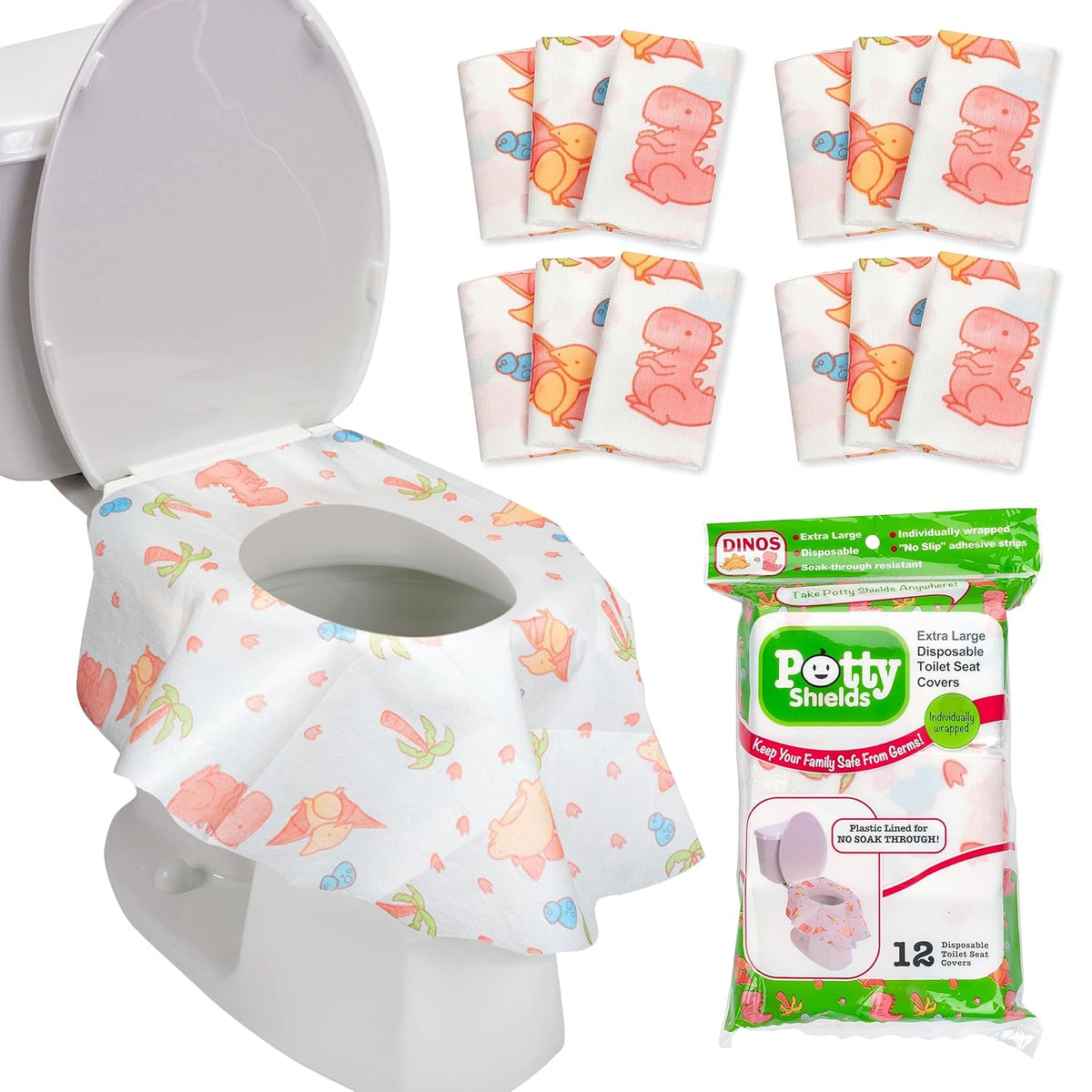 Toilet Seat Covers Disposable (12 pk, Dinosaurs) - XL Waterproof Toilet Cover for Toddlers, Kids &