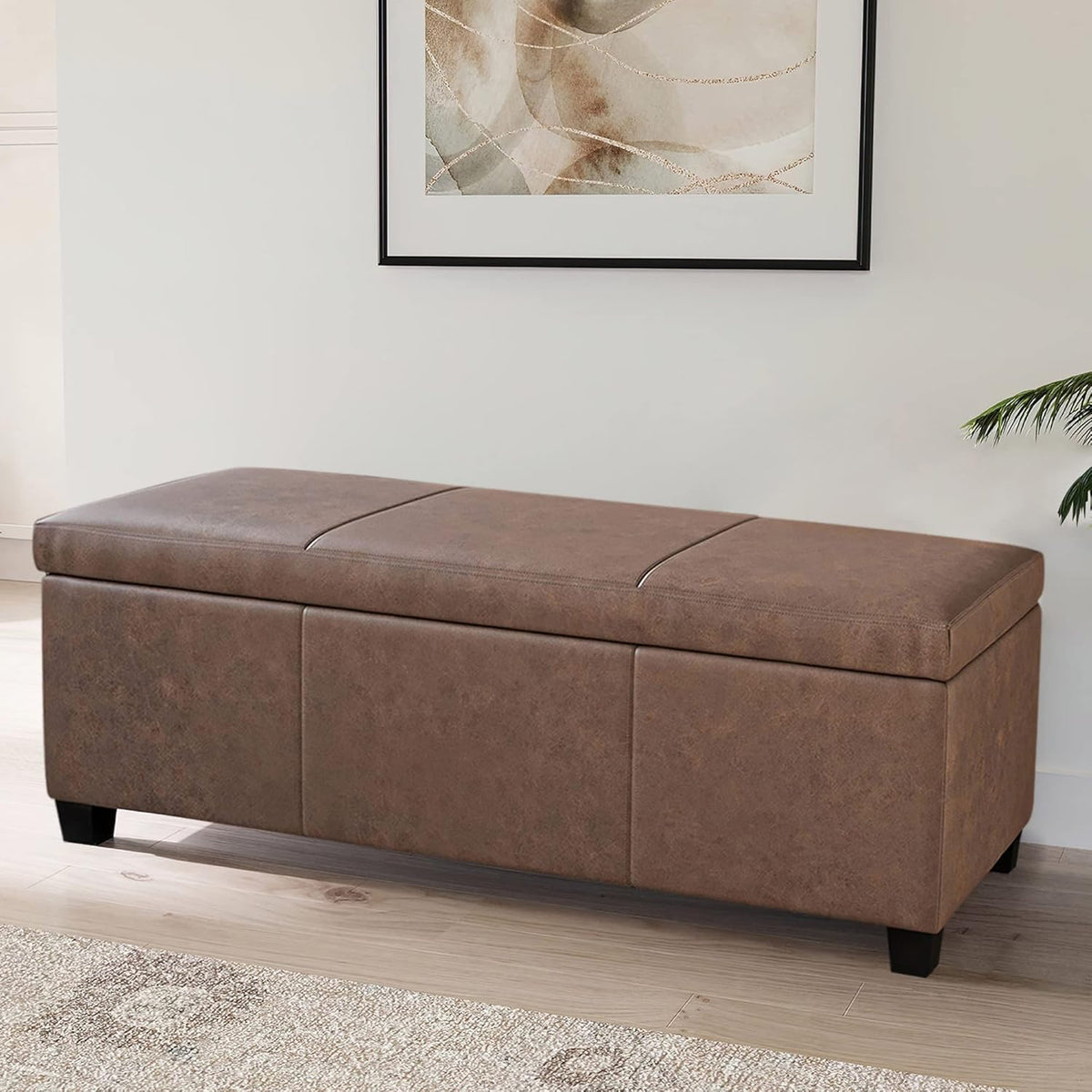 BELLEZE Storage Faux Leather Ottoman, 47 Inch Bench Bedroom Bench with Safety Close Hinge, Extra