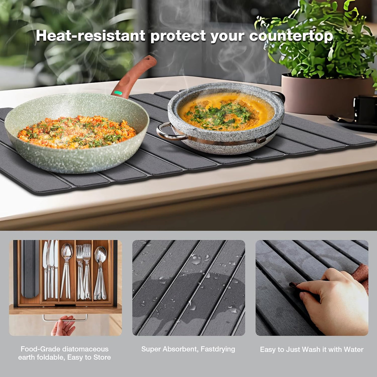 Large Diatomite Kitchen Counter Drying Mat – 24”x16”, Aesthetic Stone Mat for Dishes, Roll-Up