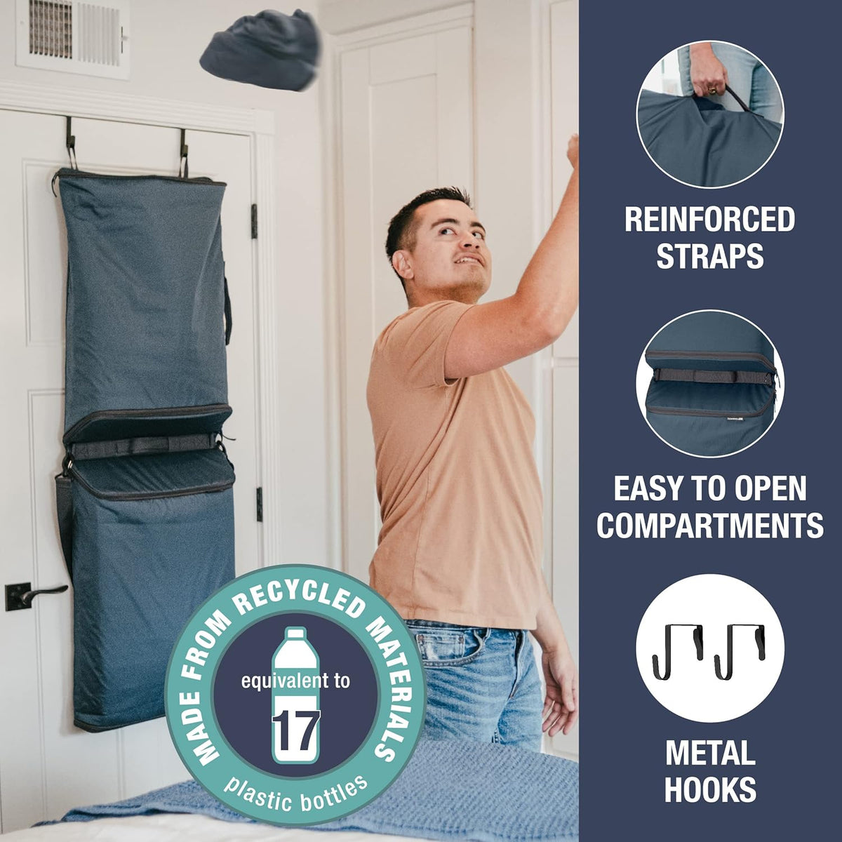 CleverMade Convertible Laundry Hamper Bag - Ocean Dark Charcoal holds 43L / 40 lbs 2 Compartments