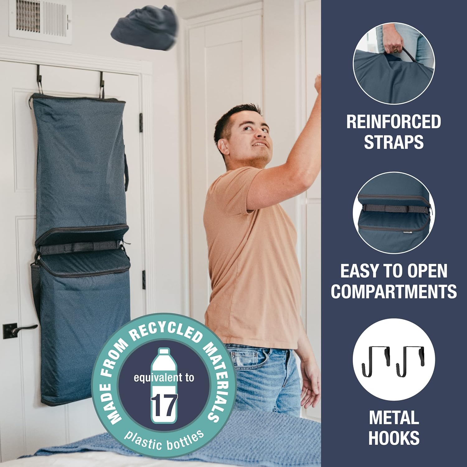CleverMade Convertible Laundry Hamper Bag - Ocean Dark Charcoal holds 43L / 40 lbs 2 Compartments