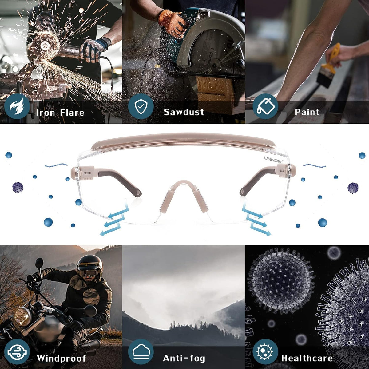 UKNOW Safety Goggles Over Glasses, Safety Glasses Anti Fog Wraparound Eye Protection, Protective