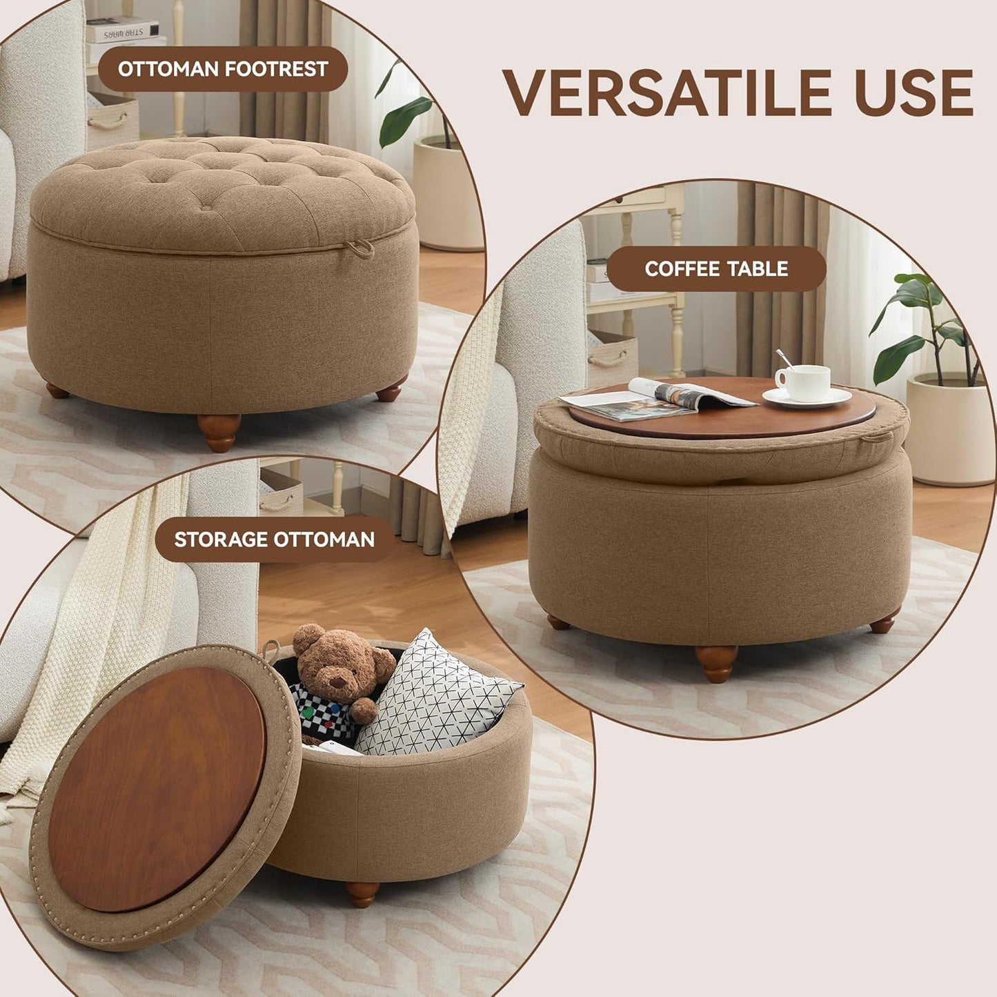 30Inch Round Storage Ottoman with Tray, Modern Tufted Fabric Circle Coffee Table with Storage