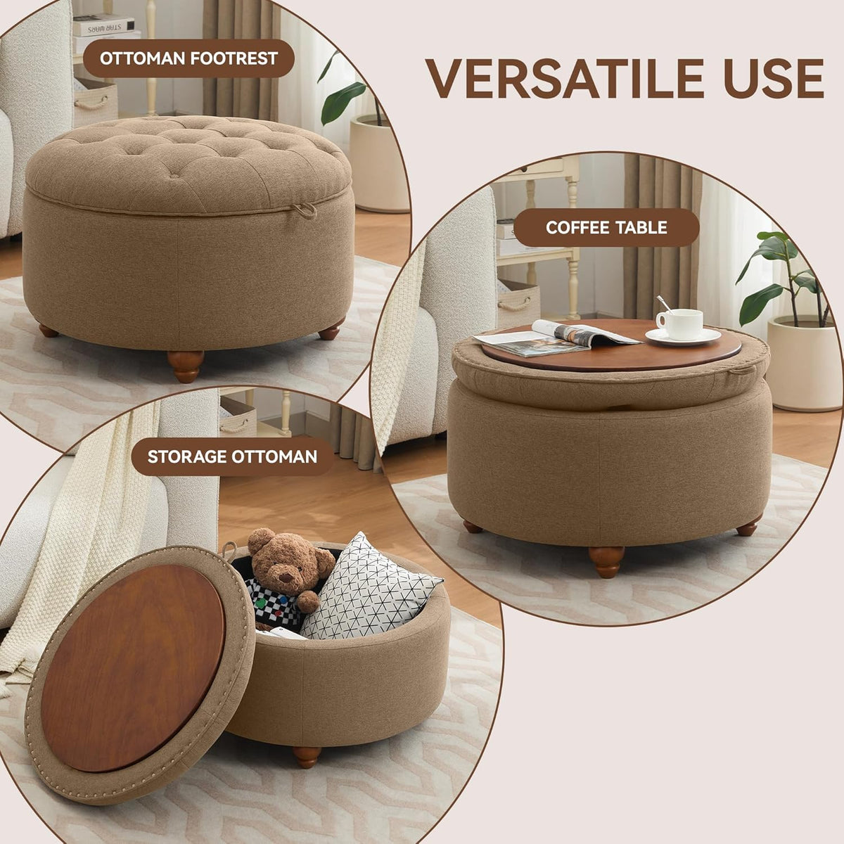 30Inch Round Storage Ottoman with Tray, Modern Tufted Fabric Circle Coffee Table with Storage
