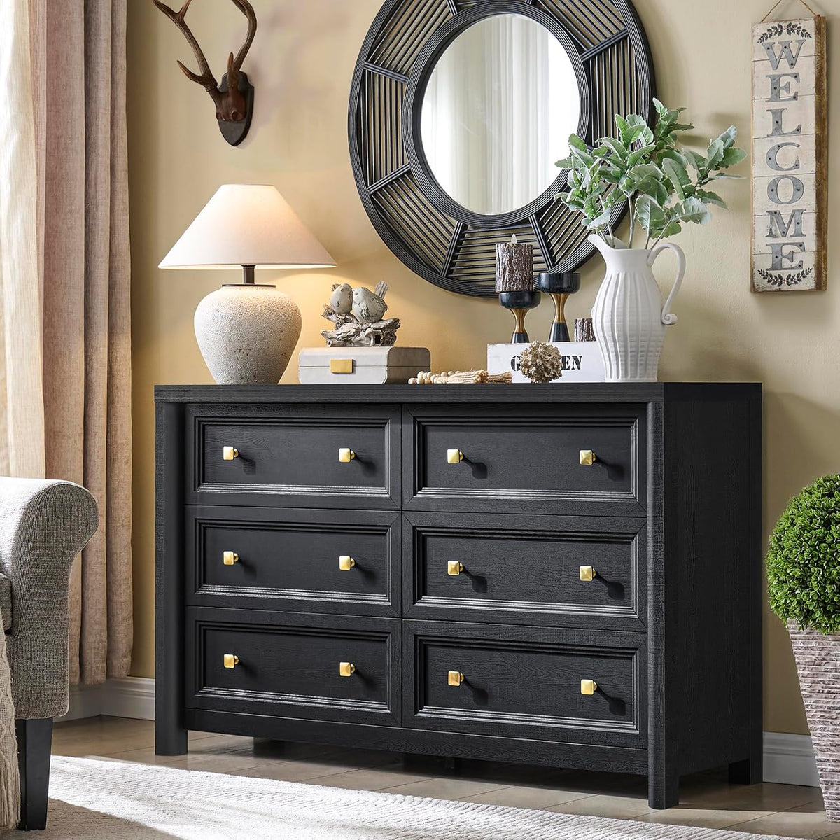 Black Dresser, Farmhouse 6 Drawer Dresser for Bedroom, 52 inch Wide Dressers with Deep Drawers