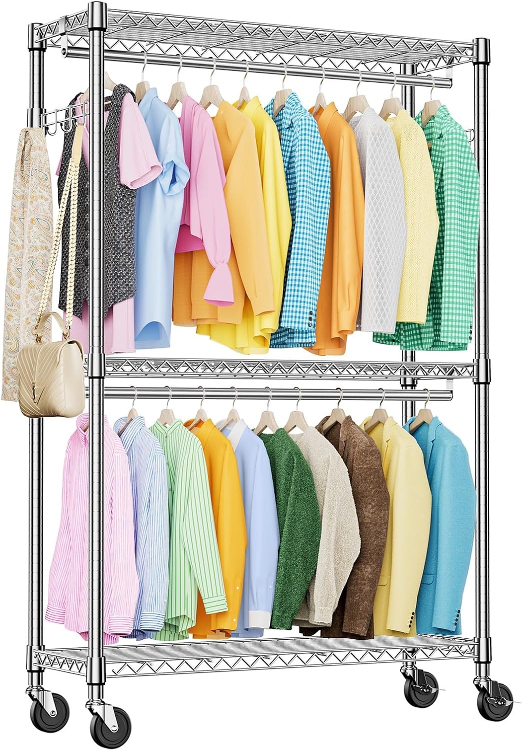 IZEUK 3-Tier Heavy Duty Rolling Garment Rack, Chrome Metal Freestanding Closet Wardrobe Rack with