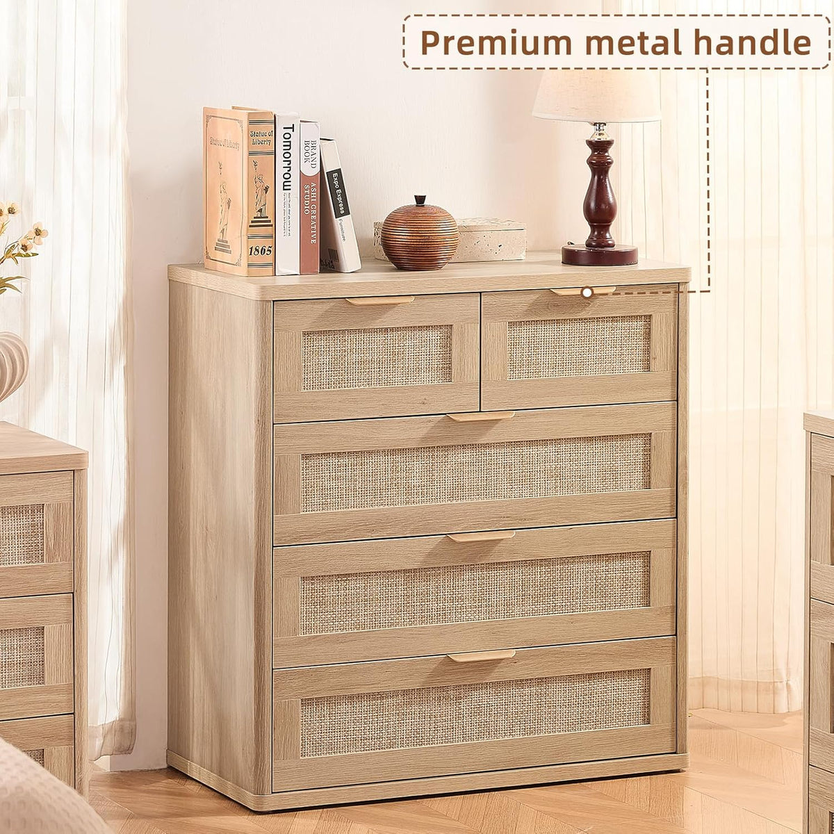 LEYAOYAO Rattan Dresser for Bedroom, 33.5" Tall Chest of Drawers, Modern 5 Drawers Boho Dressers