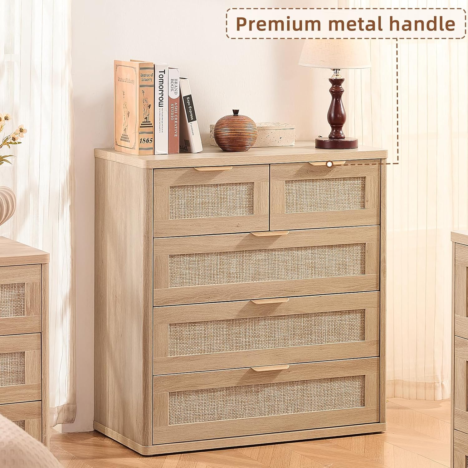 LEYAOYAO Rattan Dresser for Bedroom, 33.5" Tall Chest of Drawers, Modern 5 Drawers Boho Dressers