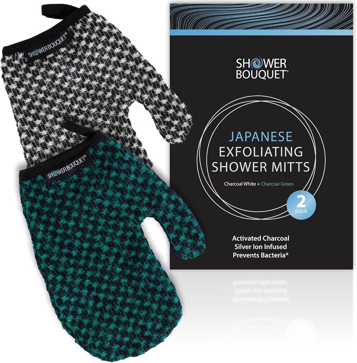 Japanese Exfoliating Mitt 2-Pack - Charcoal & Silver Ion Exfoliating Gloves for Shower - Soft Inner