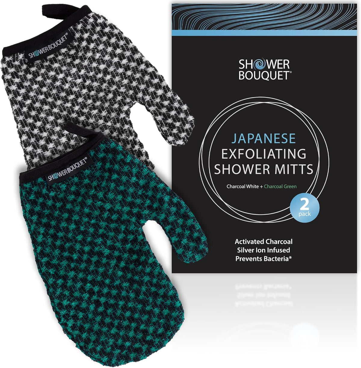 Japanese Exfoliating Mitt 2-Pack - Charcoal & Silver Ion Exfoliating Gloves for Shower - Soft Inner