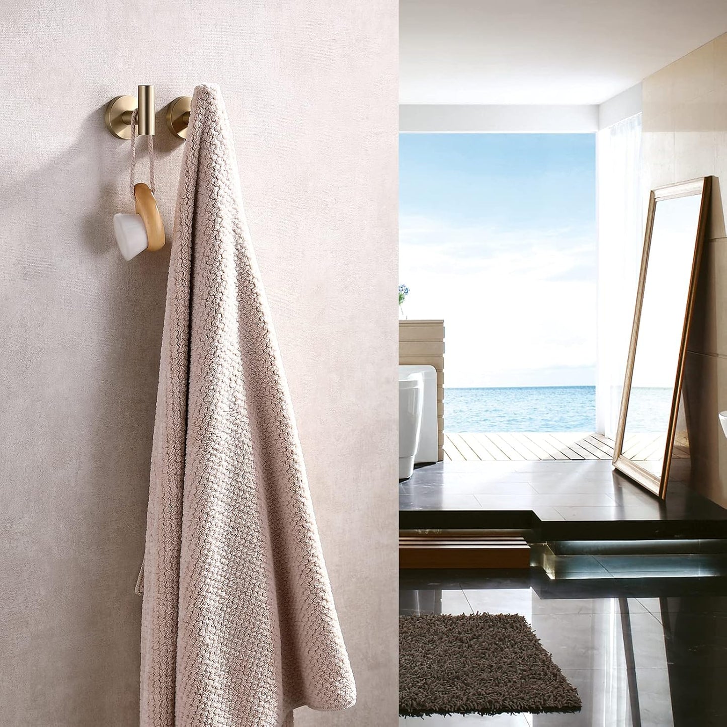 TASTOS Brushed Gold Bathroom Towel Coat Hook Stainless Steel, 2 Pack Robe Clothes Cabinet Closet