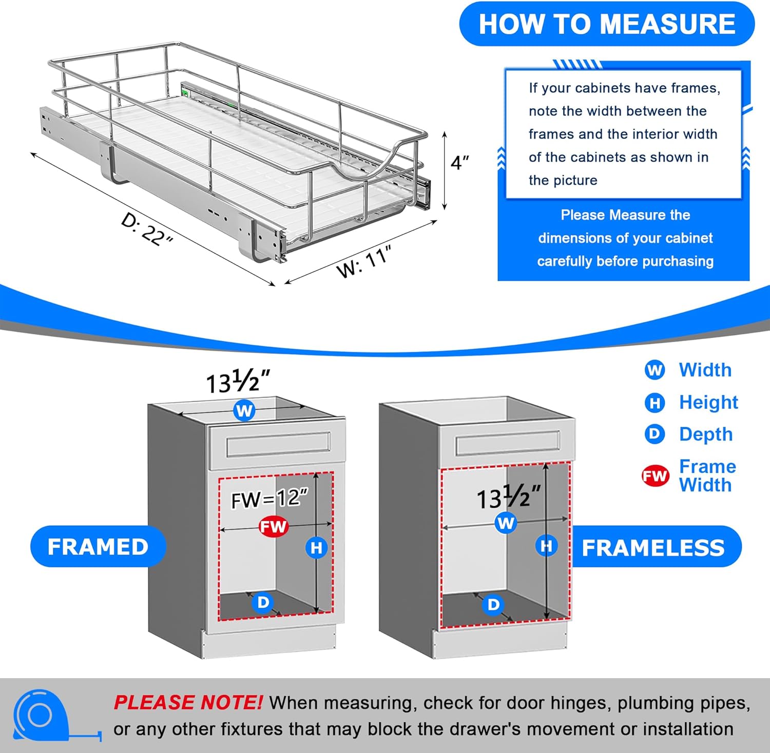 WelFurGeer Soft Close Slide Out Cabinet Shelf, 11" W x 22" D Pull Out Drawers for Kitchen Cabinets